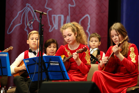 Concert Hall "Cosmos", Moscow, Russia - 11.17.2018: International competition-festival of creative teams "Energy of Creativity" and "Steps of Mastery". Performance by a children's instrumental group.のeditorial素材