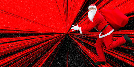 Santa Claus is in a hurry to deliver presents for Christmas. Collage on red gradient with snow. Santa is holding a large bag of gifts.の写真素材