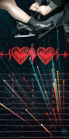 Valentine's Day postcard. A man helps a woman put on skates. Love cardiogram on the background of the ice rink.の写真素材