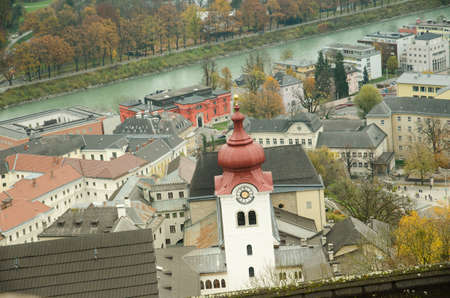 Salzburg, Austria - 10/11/2014: view of the city and the Salzach river from the highest point of the city in the Hohensalzburg fortress.のeditorial素材
