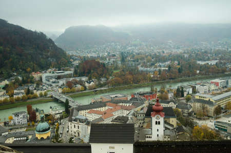 Salzburg, Austria - 10/11/2014: view of the city and the Salzach river from the highest point of the city in the Hohensalzburg fortress.のeditorial素材