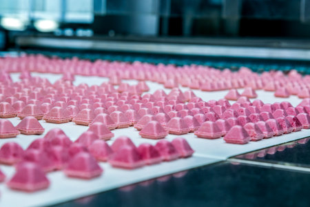 Sweets factory. Sweets production process. Conveyor belt with sweets on it.