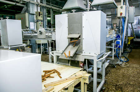 Sweets factory. Sweets production process. Conveyor belt with sweets on it.