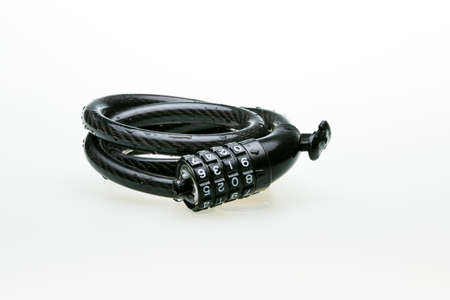 The lock is a long black bike, hinged. Composition isolated on white background.