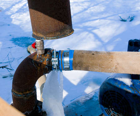 Winter. Very coldy. Icing the emergency water pump in winter.