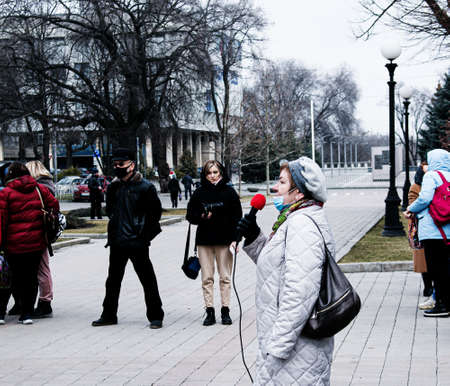 Dnipropetrovsk, Ukraine -03.19.2021: Entrepreneurs deliver a speech at a protest against the lockdown.のeditorial素材