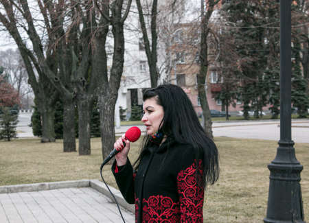 Dnipropetrovsk, Ukraine -03.19.2021: Entrepreneurs deliver a speech at a protest against the lockdown.のeditorial素材