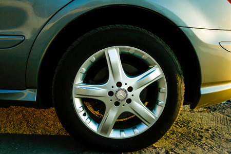 Dnepropetrovsk, Ukraine - 03.15.2021: Rear wheel of a Mercedes-Benz R 350.