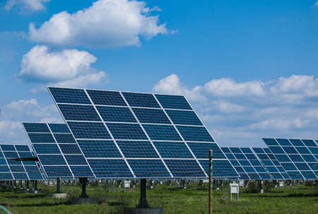 Solar cells, or solar module, or solar panels in a solar power plant. Batteries absorb sunlight from...