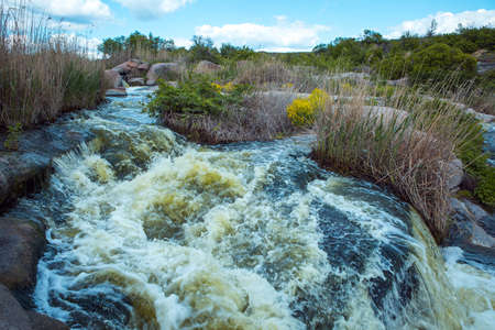 The murmuring waters of the Tokovsky waterfall in Ukraine. This is the only steppe waterfall in the...