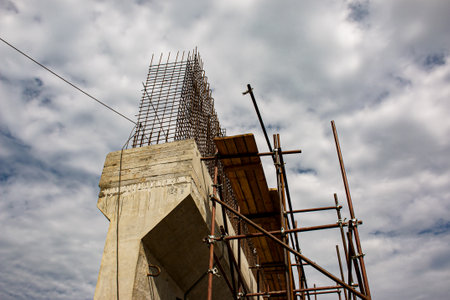 Construction of a new highway. A viaduct support at the manufacturing stage.