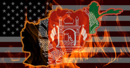 Afghanistan map and flag outline on fire against the background of the flag of the United States of America. The concept of problems in Afghanistan.の写真素材