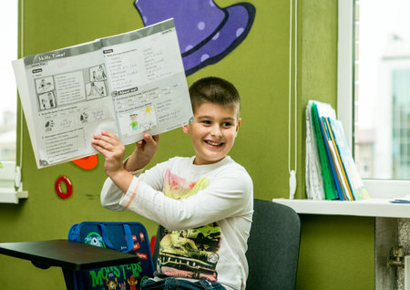 Dnepropetrovsk, Ukraine - 05/10/2017: A boy at a lesson at school. School education concept. Back to...