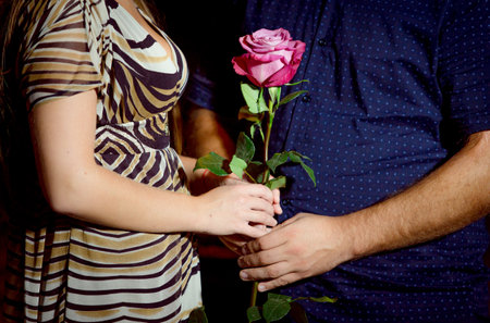 Male hands pass a rose into female hands. First date, love concept.の写真素材