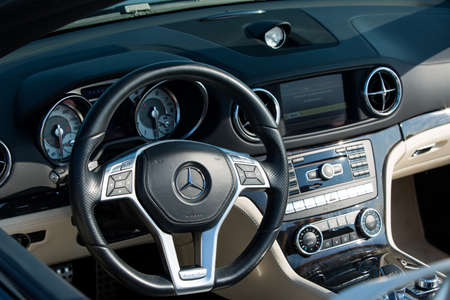 Dnepropetrovsk, Ukraine - 08.24.2021: Photos of Mercedes Benz SL550 convertible. Dashboard view....