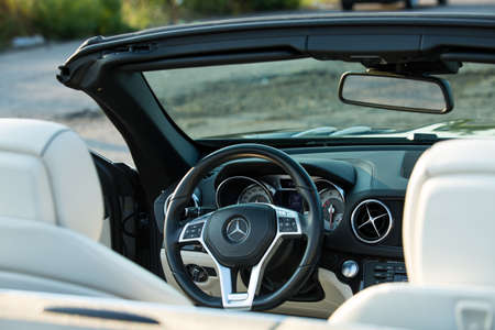 Dnepropetrovsk, Ukraine - 08.24.2021: Photos of Mercedes Benz SL550 convertible. Dashboard view. Detailing.のeditorial素材