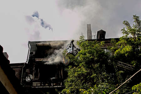 Dnepropetrovsk, Ukraine -09.20.2021: Fire in a residential five-story building. View of the...