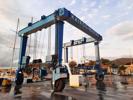 Bodrum, Turkey - 10.12.2021: Yacht repair crane at the dock. Kairos Marina. This marina has recently opened. Located near the village of Datca.のeditorial素材