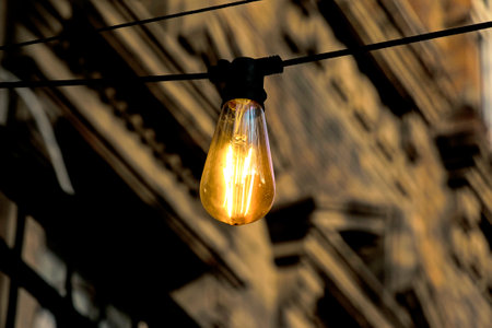 Background image of an outdoor lamp, focus on a classic light bulb with wiring. Copy space.の写真素材