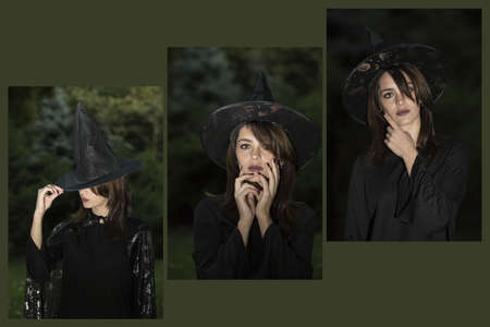 Portrait of a young woman in a pointed wide-brimmed hat. Collage of 3 photos. The girl is wearing a black dress. Emotion concept.の写真素材