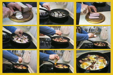 Step by step the process of cooking scrambled eggs with lard and sausage. collage of 9 photos. Home food concept.の写真素材