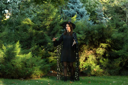 Portrait of an attractive young woman in a black dress with a cape on a background of green forest....