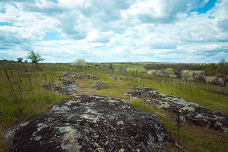 Old stones on a large green-yellow field against a fantastically beautiful blue sky. Landscape of...