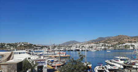 Bodrum, Turkey - 07/10/2021: Beautiful mediterranean landscape of Bodrum bay, view from Bodrum castle to the old town and bay in the Aegean sea.のeditorial素材
