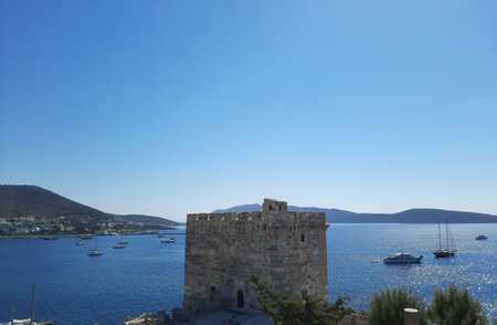 Beautiful mediterranean landscape of Bodrum bay, view from Bodrum castle to the old town and bay in the Aegean sea.の写真素材