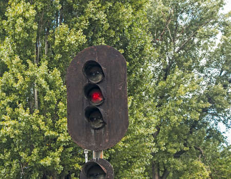 Ukrainian children's railway from the 1960s in the city park. traffic lights.の写真素材