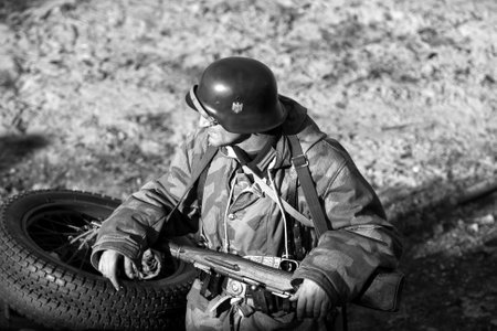Dnepr, Ukraine - 10.29.2013: Military enactment show of WW2 period with tanks, aircraft, vehicles and people in period costume and uniform. Restoration of the Battle for the liberation of Dneprのeditorial素材