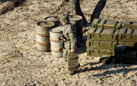 Dnepr, Ukraine - 10.29.2013: Military enactment show of WW2 period with tanks, aircraft, vehicles and people in period costume and uniform. Restoration of the Battle for the liberation of Dneprのeditorial素材