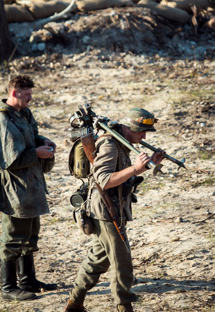 Dnepr, Ukraine - 10.29.2013: Military enactment show of WW2 period with tanks, aircraft, vehicles and people in period costume and uniform. Restoration of the Battle for the liberation of Dneprのeditorial素材