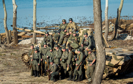 Dnepr, Ukraine - 10.29.2013: Military enactment show of WW2 period with tanks, aircraft, vehicles and people in period costume and uniform. Restoration of the Battle for the liberation of Dneprのeditorial素材