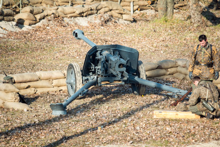 Dnepr, Ukraine - 10.29.2013: Military enactment show of WW2 period with tanks, aircraft, vehicles and people in period costume and uniform. Restoration of the Battle for the liberation of Dneprのeditorial素材
