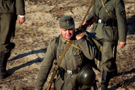 Dnepr, Ukraine - 10.29.2013: Military enactment show of WW2 period with tanks, aircraft, vehicles and people in period costume and uniform. Restoration of the Battle for the liberation of Dneprのeditorial素材