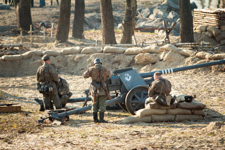 Dnepr, Ukraine - 10.29.2013: Military enactment show of WW2 period with tanks, aircraft, vehicles and people in period costume and uniform. Restoration of the Battle for the liberation of Dneprのeditorial素材