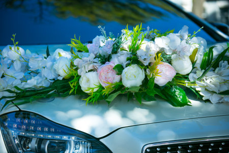 Wedding car with beautiful decorations. flower decor.の写真素材