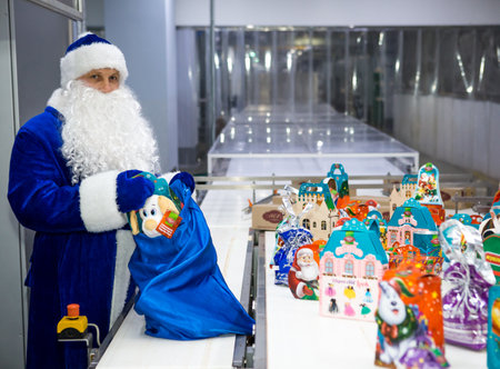 Dnepropetrovsk, Ukraine - 12.08.2017: Workers of a confectionery factory in Santa Claus costumes present New Year's products. On the boxes are the words in Russian and Ukrainian Happy New Year.のeditorial素材