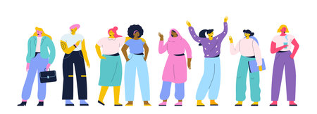 Happy young girls, women standing together flat vector illustration. Social diversity.のイラスト素材