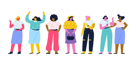 Happy young girls, women standing together flat vector illustration. Social diversity.のイラスト素材