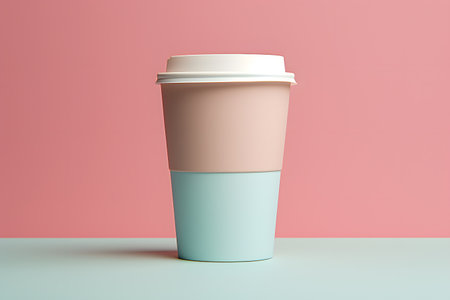 Coffee cup on pink and blue background. 3d renderingの素材