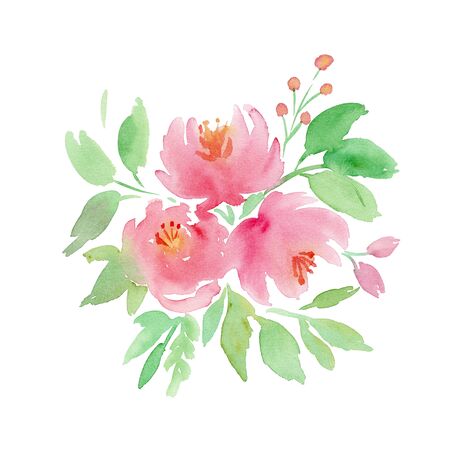 Hand drawing boho watercolor floral illustration with pink flowers, branches, berries, leaves.の写真素材