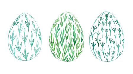 Set of Easter eggs, Ð½and drawn watercolor illustration. Green patterns.の写真素材