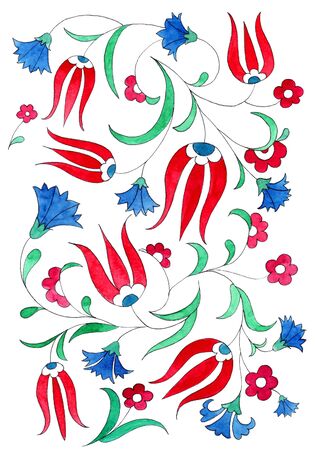 Illustration in the style of traditional Ottoman patterns. Watercolor tulip and carnation on white background.の写真素材