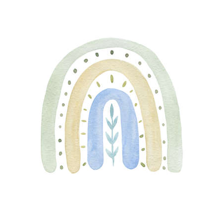 Cute watercolor colorful rainbow. A modern rainbow in pastel colors. Handmade illustration on white background. Scandinavian style in the interior. Logo design, print, kids room decor, invitations.の写真素材