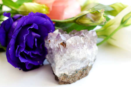 Beautiful purple eustoma (lisianthus) flowers in full bloom with green leaves and amethyst druses.の写真素材