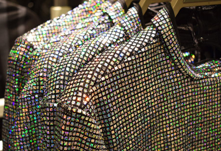 Lots of colorful rainbow sequins on dresses on hangers in the store. Trendy festive clothes for New Year and Christmas.の写真素材