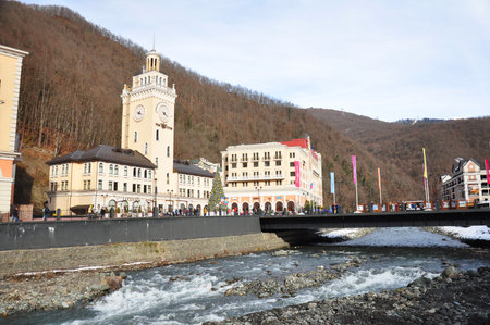 Sochi, Rosa Khutor, Russia - December 16, 2017: Ski resort Rosa Khutor. Hotels on the embankment of the Mzymta riverのeditorial素材