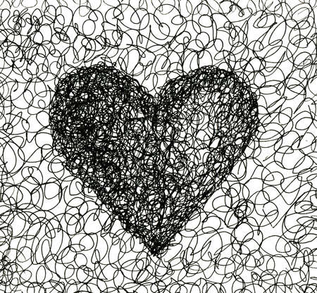 Ballpoint pen curl heart. Graphic black heart. Chaotic hand-drawn doodles. Valentine's Day. Love symbol.の写真素材